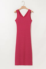 Red Stripe Criss Cross Side Slits Slim Fit Sleeveless Midi Dress Midi Dresses JT's Designer Fashion