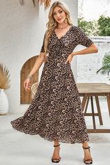 Brown Mesh Leopard Floral Reversible V Neck Short Sleeve Dress Dresses JT's Designer Fashion