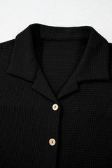 Black Solid Color Textured Buttoned Shirt and Casual Pants Set Pant Sets JT's Designer Fashion