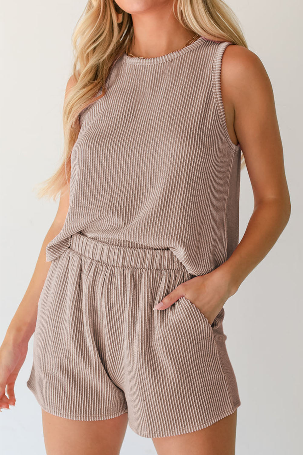 Smoke Gray Corded Sleeveless Top and Pocketed Shorts Set Short Sets JT's Designer Fashion
