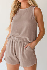 Smoke Gray Corded Sleeveless Top and Pocketed Shorts Set Short Sets JT's Designer Fashion