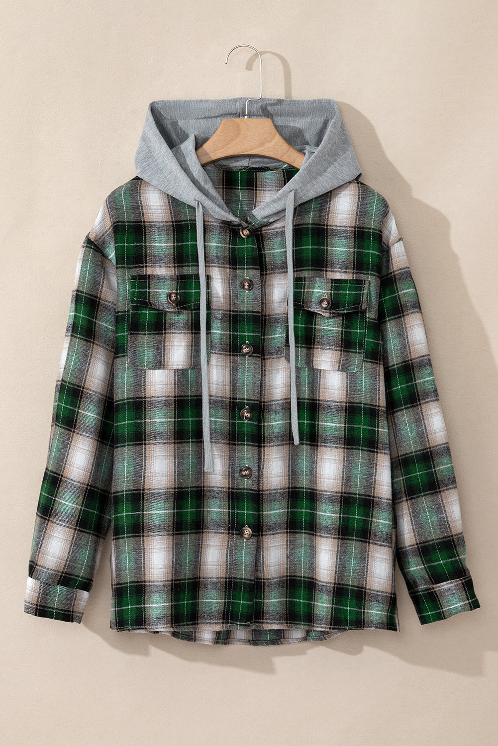 Green Plaid Print Chest Pocket Buttoned Hooded Shacket Plaid Shackets JT's Designer Fashion