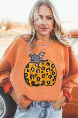 Orange Halloween Leopard Pumpkin Patchwork Ribbed Sweatshirt Graphic Sweatshirts JT's Designer Fashion