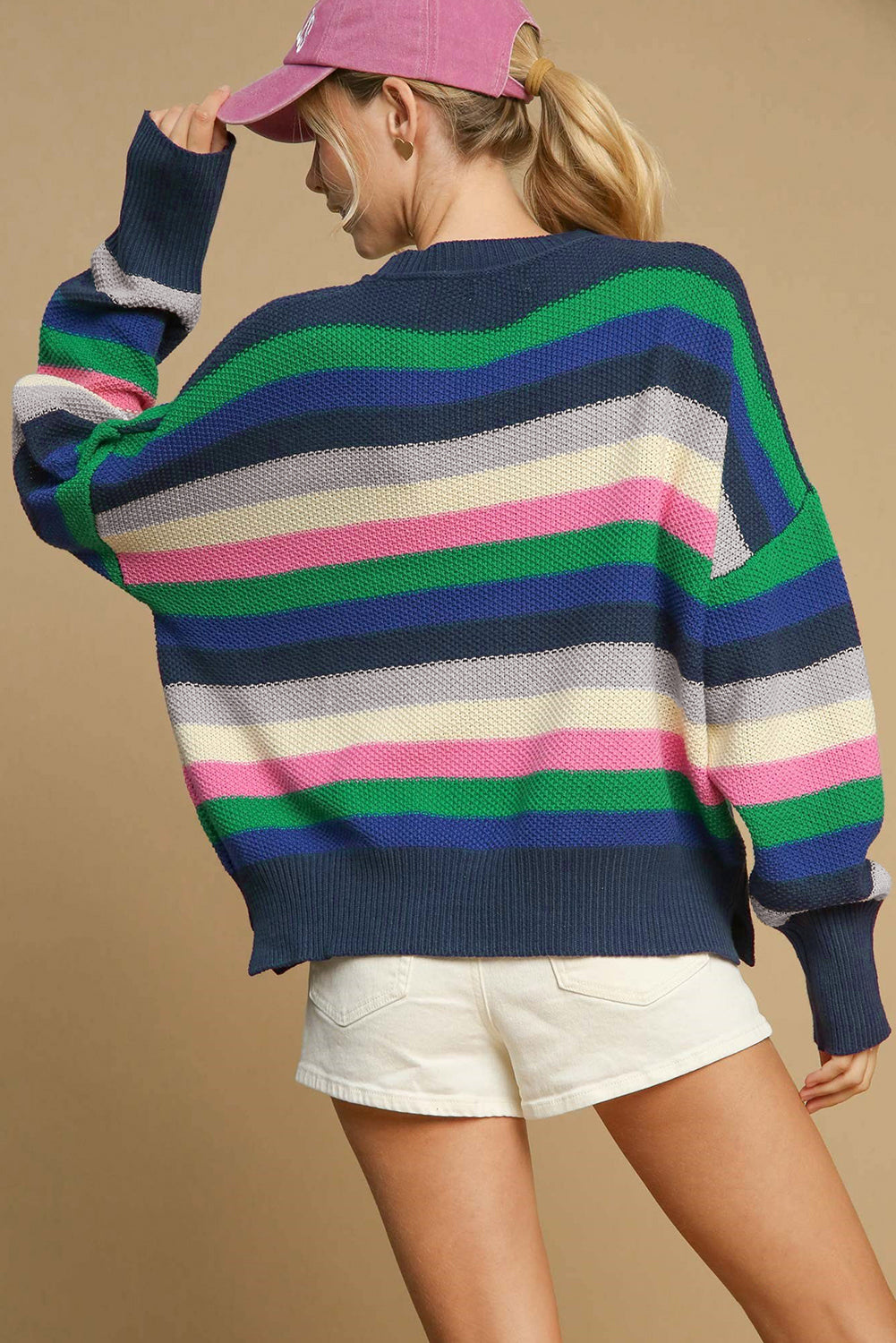 Bright Green Rainbow Striped Crew Neck Drop Shoulder Sweater Sweaters JT's Designer Fashion