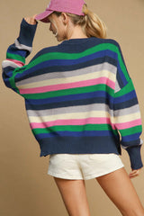 Bright Green Rainbow Striped Crew Neck Drop Shoulder Sweater Sweaters JT's Designer Fashion