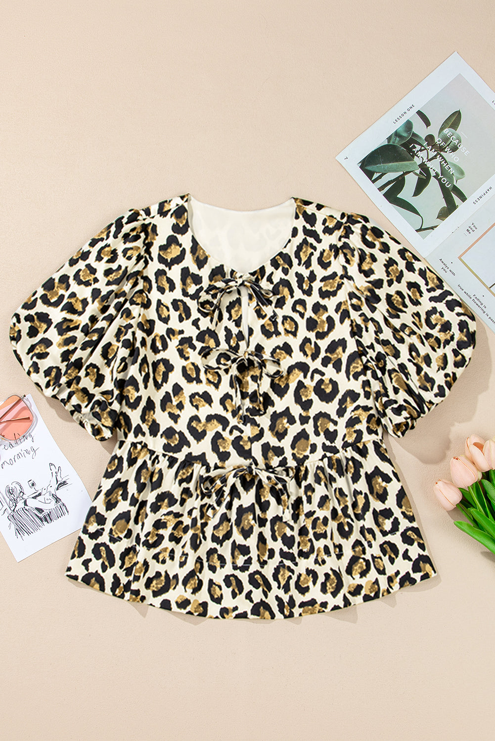 Apricot Leopard Bubble Sleeve Bow Tie Front Peplum Blouse Blouses & Shirts JT's Designer Fashion