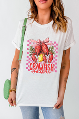 White Checkerboard Bow Crawfish Season Printed Crewneck T Shirt Graphic Tees JT's Designer Fashion