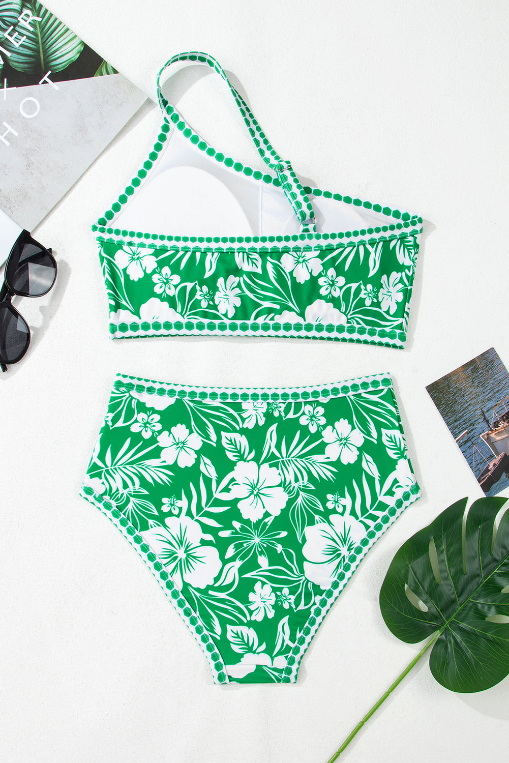 Green Floral Print One Shoulder High Waist Bikini Set Bikinis JT's Designer Fashion