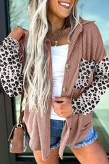 Dark Khaki Leopard Patched Twisted Ribbed Western Casual Shacket Dark Khaki 70%Polyester+27%Viscose+3%Elastane Jackets JT's Designer Fashion