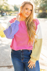 Rose Red Colorblock Patchwork Striped Puff Sleeve Plus Size Top with Slits Rose Red 95%Polyester+5%Elastane Plus Size Long Sleeve Tops JT's Designer Fashion