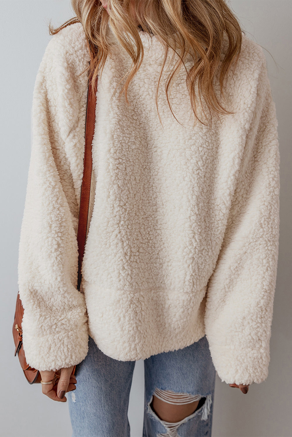 White Solid Fleece High Neck Drop Shoulder Pullover Sweatshirt Sweatshirts & Hoodies JT's Designer Fashion