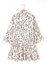 Khaki Leopard Print Buttoned Front 3/4 Sleeve Tiered Ruffled Hem Dress Mini Dresses JT's Designer Fashion