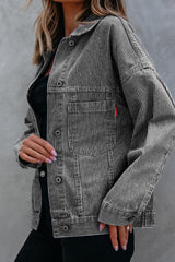 Blue Stripe Washed Oversize Pocketed Denim Jacket Denim Jackets JT's Designer Fashion