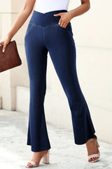 Dusk Blue Solid Crossed Waist High Elastic Fit Flare Knit Jeans Jeans JT's Designer Fashion