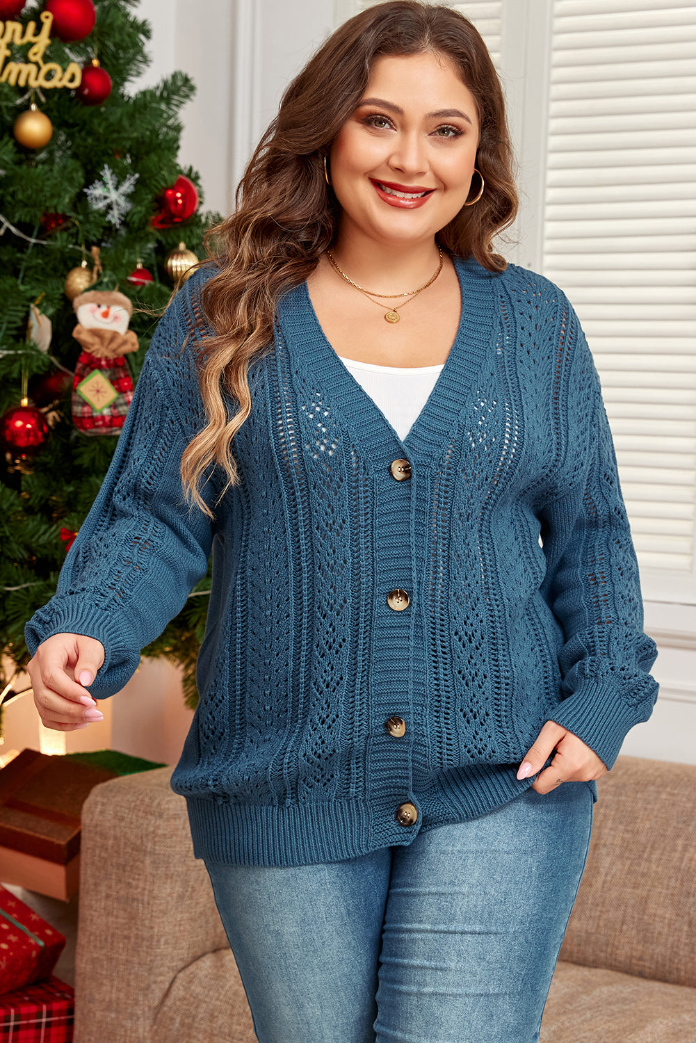 Real Teal Open Knit V Neck Button Front Drop Shoulder Plus Size Cardigan Plus Size Sweaters & Cardigans JT's Designer Fashion