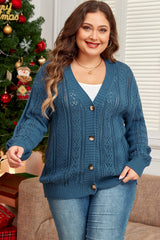 Real Teal Open Knit V Neck Button Front Drop Shoulder Plus Size Cardigan Plus Size Sweaters & Cardigans JT's Designer Fashion