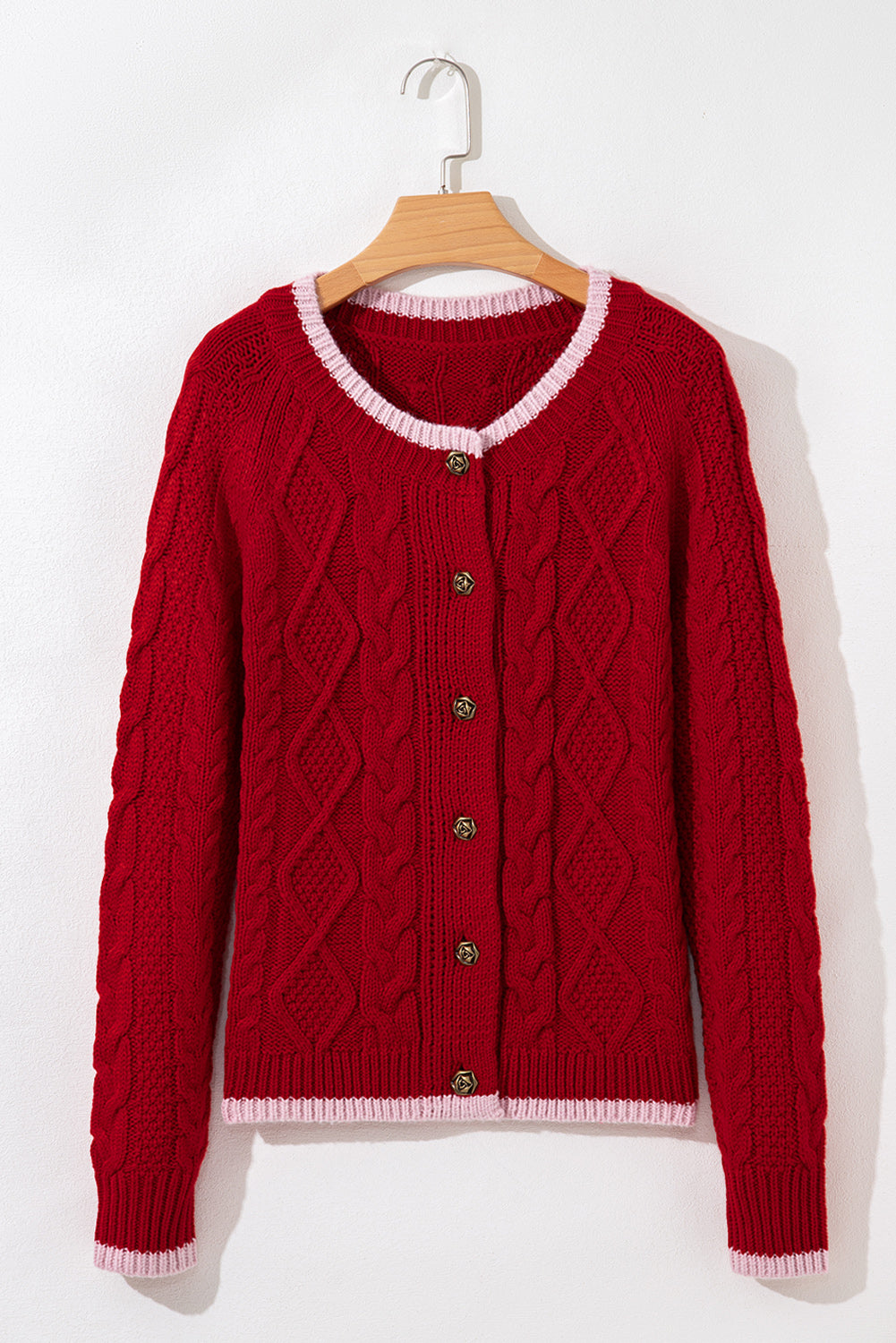 Racing Red Color Contrast Edge Cable Knit Buttoned Cardigan Cardigans JT's Designer Fashion