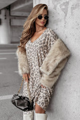 Gray Leopard Print V Neck Loose Fit Mini Dress Mini Dresses JT's Designer Fashion