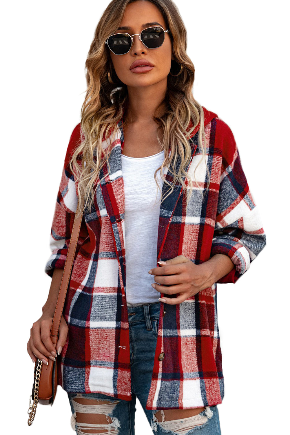 Fiery Red Hooded Plaid Button Front Shacket Plaid Shackets JT's Designer Fashion
