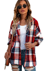 Fiery Red Hooded Plaid Button Front Shacket Plaid Shackets JT's Designer Fashion