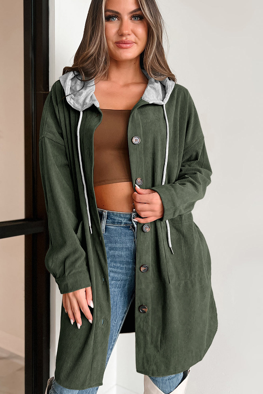 Jungle Green Oversized Corduroy Contrast Hooded Shacket Jackets JT's Designer Fashion