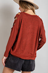 Orange Cutout Cold Shoulder Long Sleeve Top Long Sleeve Tops JT's Designer Fashion