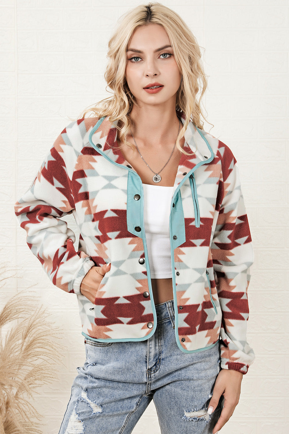 Fiery Red Western Aztec Buttoned Zipper Pockets Fleece Jacket Jackets JT's Designer Fashion
