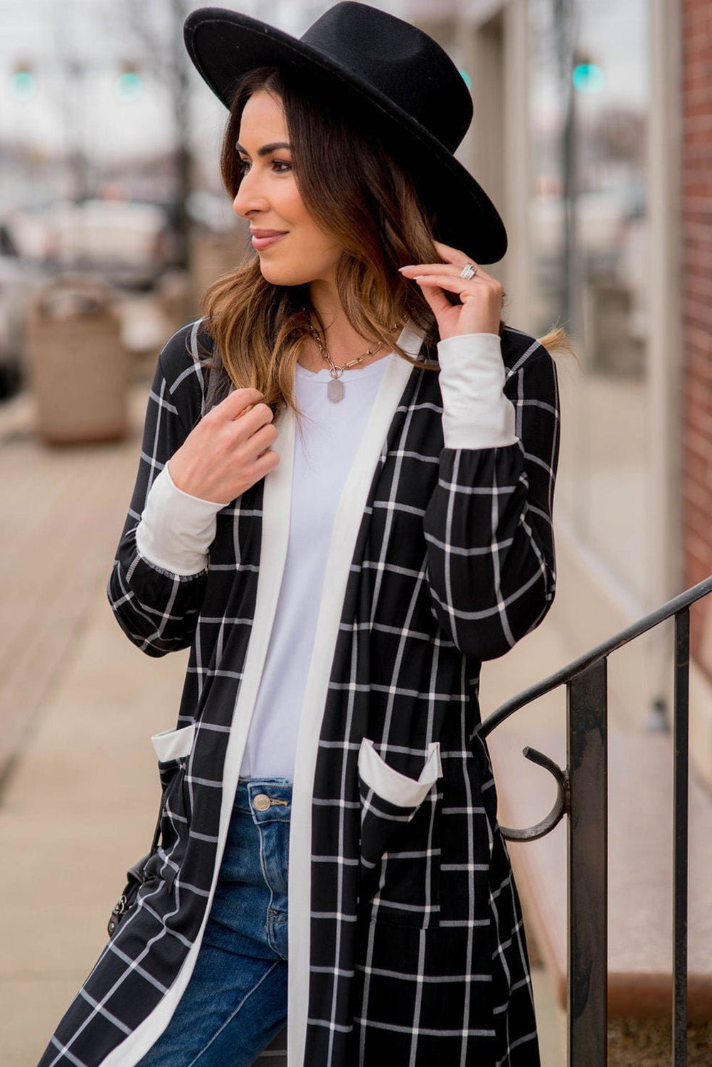 Black Plaid Colorblock Edge Open Cardigan with Pocket Cardigans JT's Designer Fashion