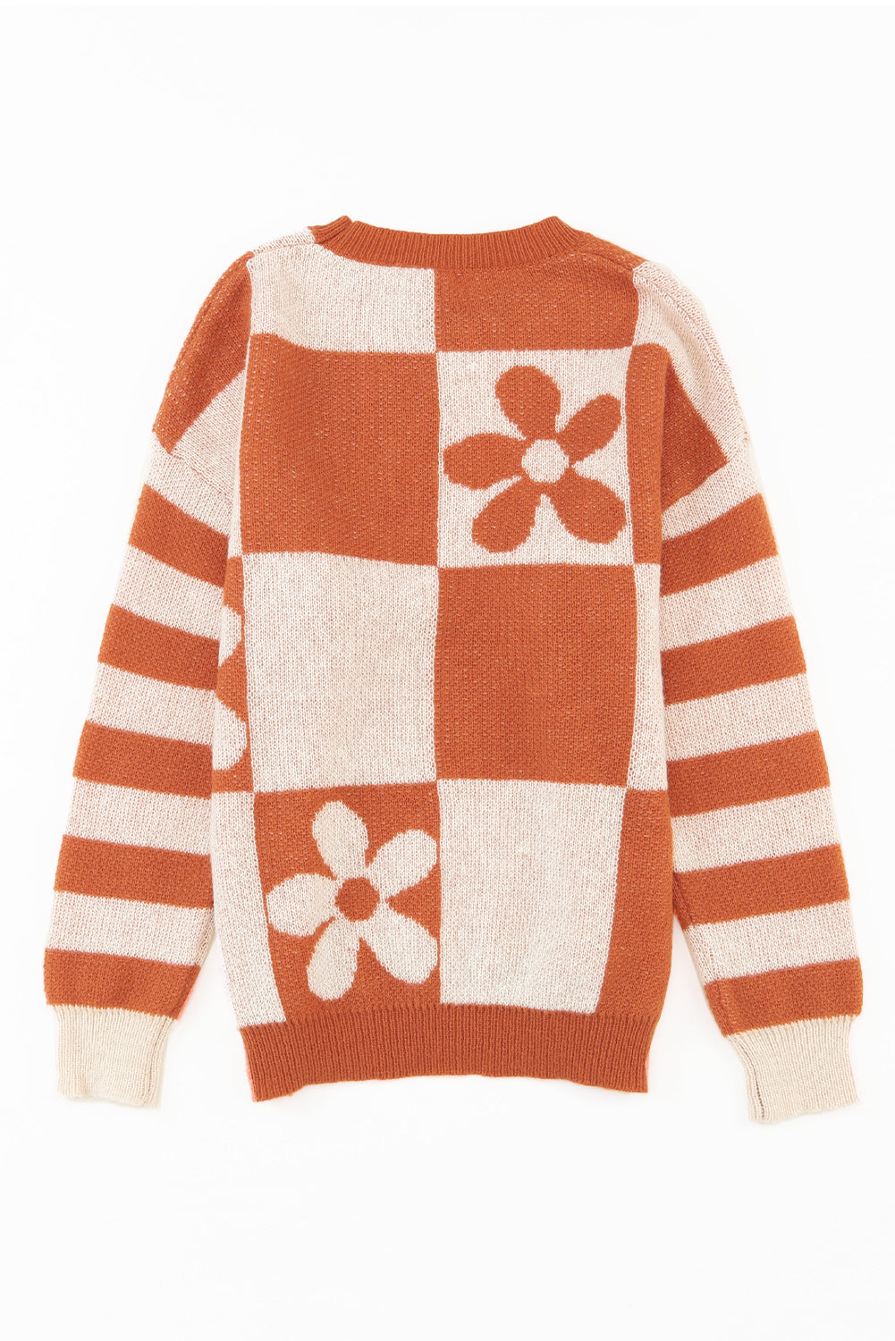 Brown Checkered Floral Print Striped Sleeve Sweater Sweaters JT's Designer Fashion