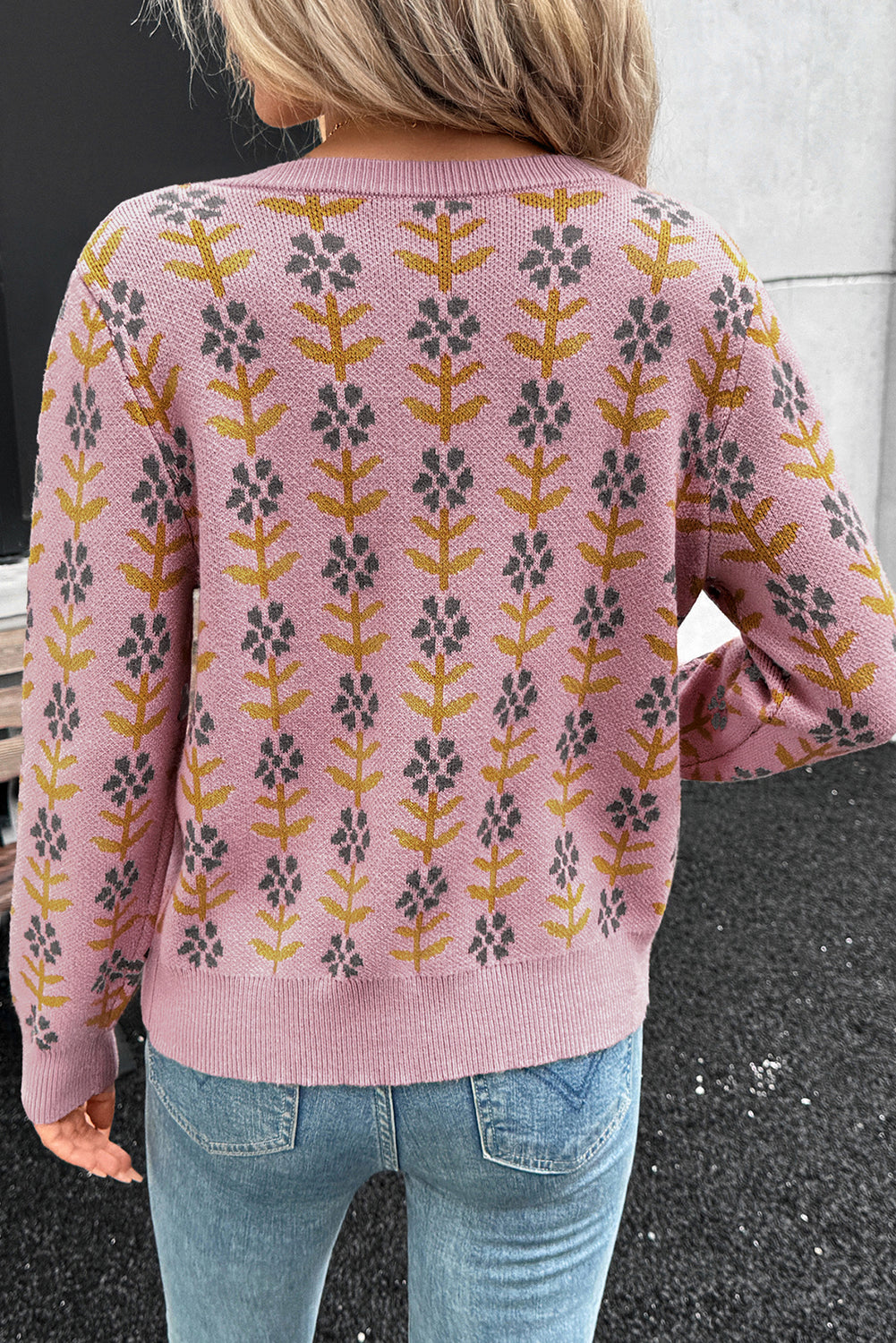 Pink Floral Button Down Ribbed Banded Cardigan Sweater Cardigans JT's Designer Fashion
