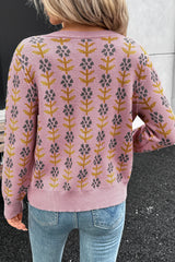 Pink Floral Button Down Ribbed Banded Cardigan Sweater Cardigans JT's Designer Fashion