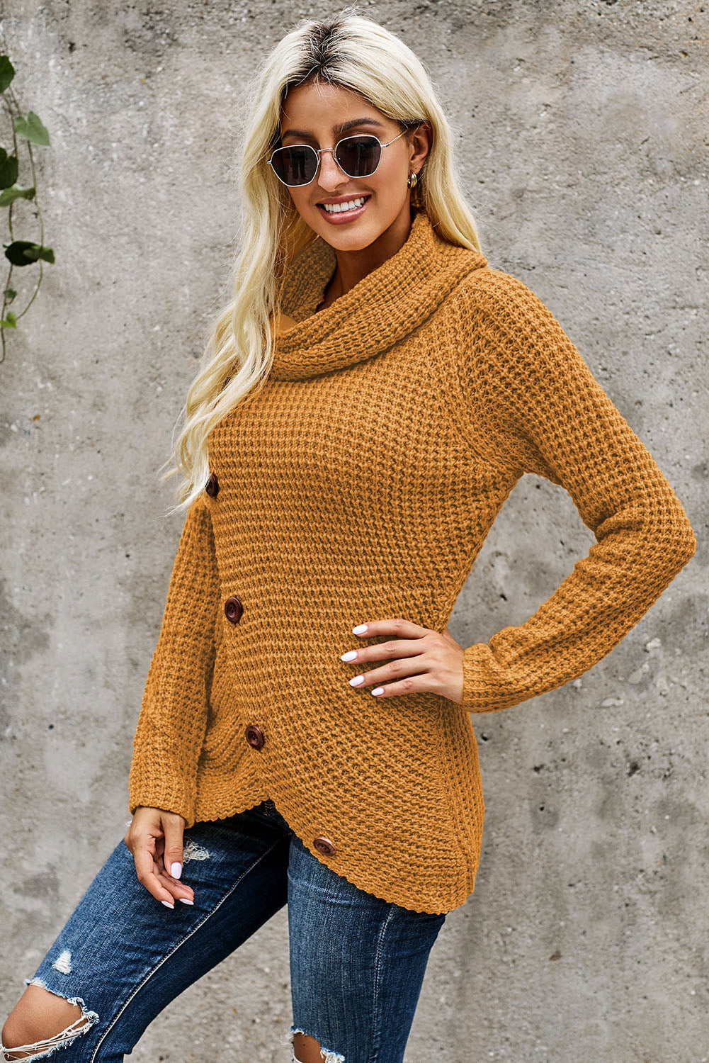 Mustard Buttoned Wrap Turtleneck Sweater Sweaters & Cardigans JT's Designer Fashion