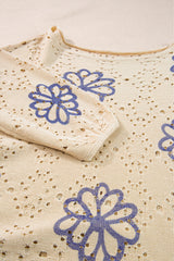 Beige Contrast Flower Print Eyelet Drop Shoulder Sweater Sweaters JT's Designer Fashion