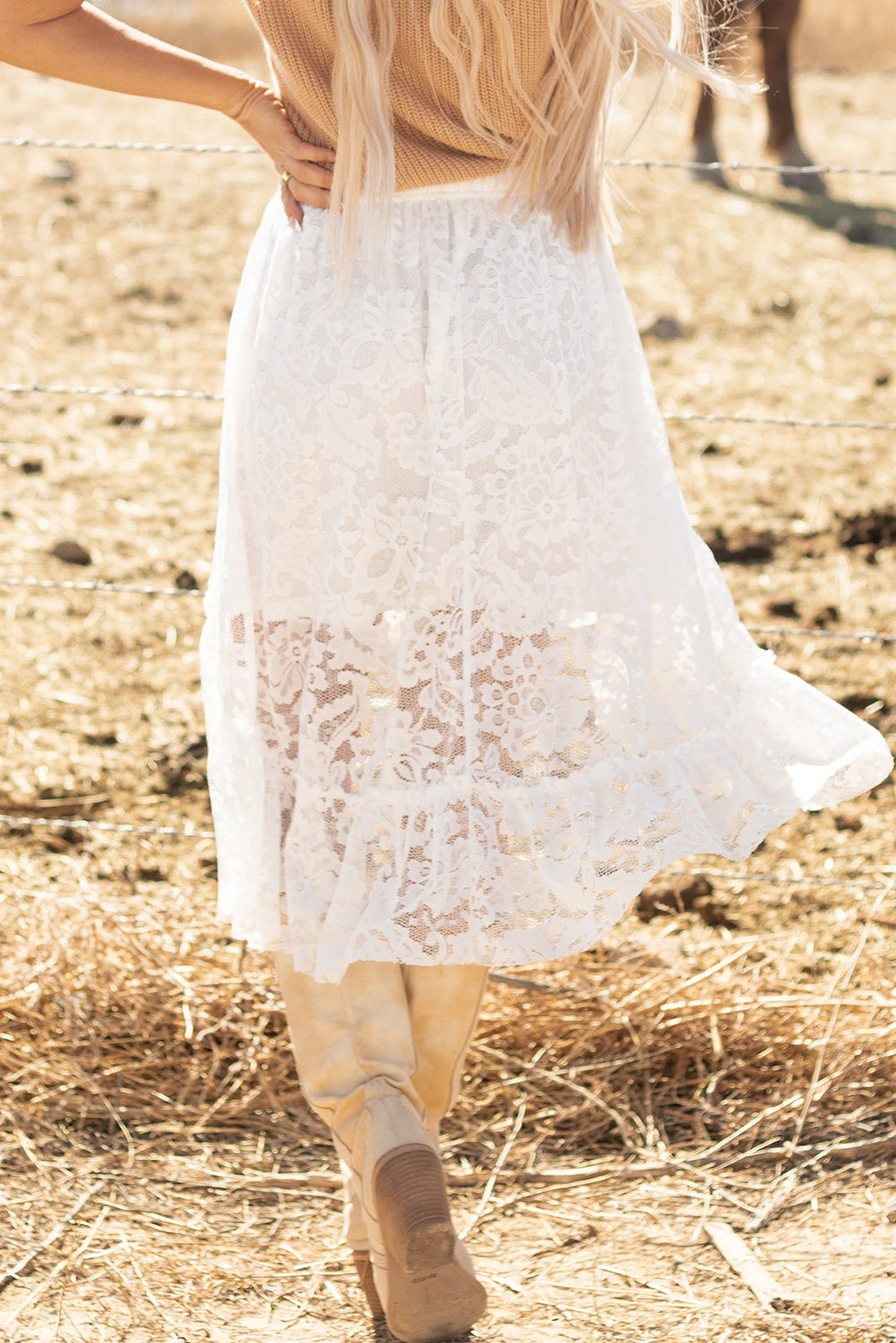 White Lace Ruffled High-low Hem Midi Skirt Skirts & Petticoat JT's Designer Fashion