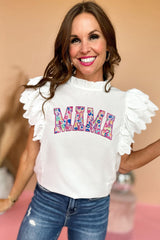 White MAMA Leopard Embroidered Layered Scalloped Sleeve Top Graphic Tees JT's Designer Fashion