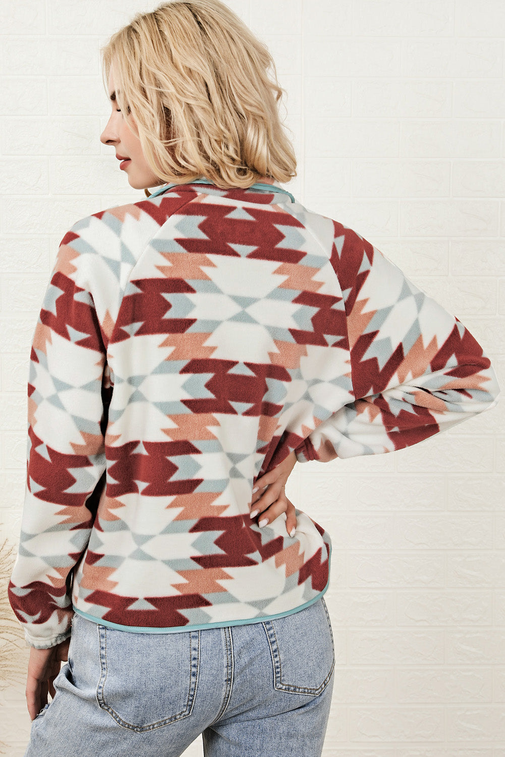 Fiery Red Western Aztec Buttoned Zipper Pockets Fleece Jacket Jackets JT's Designer Fashion