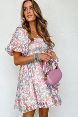 Pink Floral Puff Sleeve Square Neck Smock Ruffled Dress Floral Dresses JT's Designer Fashion
