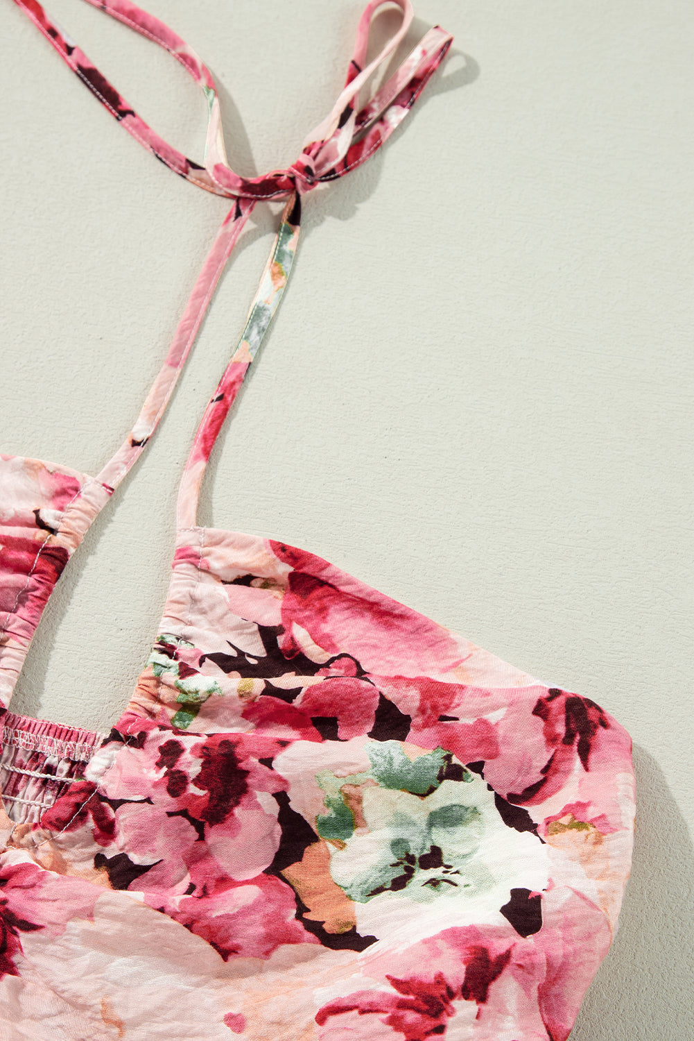 Pink Floral Sleeveless Halter Neck Shirred Back Ruffled Mini Dress Floral Dresses JT's Designer Fashion