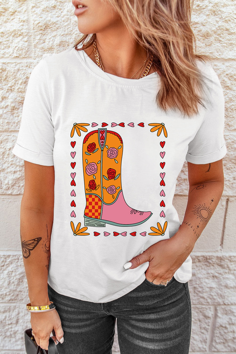 White Floral Cowgirl Boots Printed Casual T Shirt Graphic Tees JT's Designer Fashion