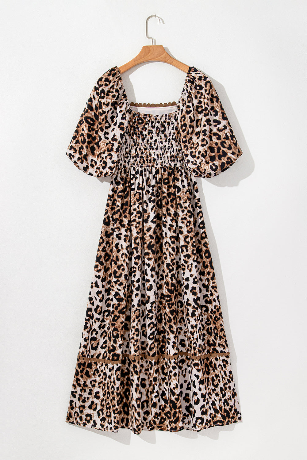 Brown Leopard Print Bubble Sleeve Square Neck Long Dress Maxi Dresses JT's Designer Fashion