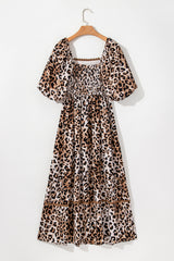 Brown Leopard Print Bubble Sleeve Square Neck Long Dress Maxi Dresses JT's Designer Fashion