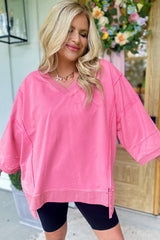 Bonbon Bracelet Sleeve Mineral Washed V Neck T Shirt Long Sleeve Tops JT's Designer Fashion
