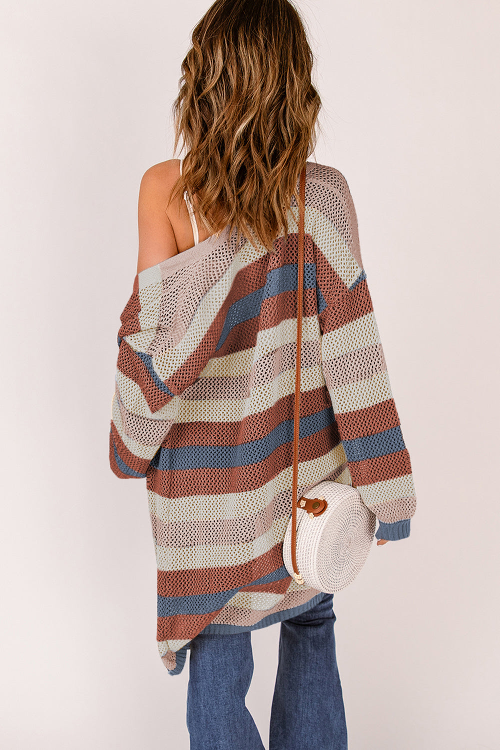 Blue Striped Color Block Hollowed Knit Cardigan Sweaters & Cardigans JT's Designer Fashion
