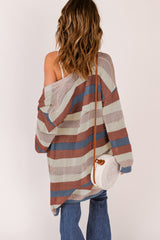 Blue Striped Color Block Hollowed Knit Cardigan Sweaters & Cardigans JT's Designer Fashion