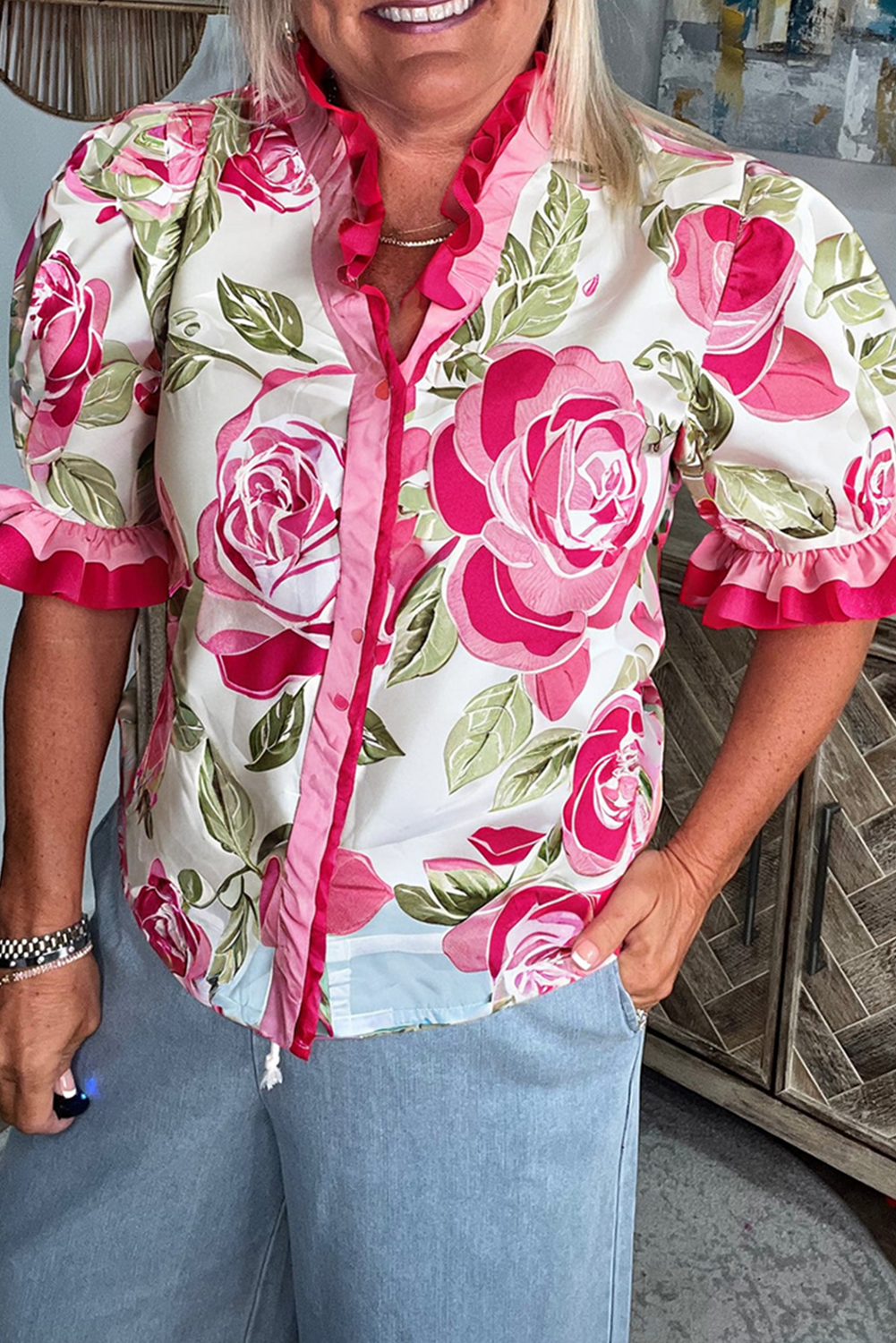 Rose Plus Size Floral Print Frilled Stripes Detail Short Sleeve Blouse Rose 100%Polyester Plus Size Blouses & Shirts JT's Designer Fashion