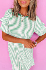 Green Stripe Ruffled Short Sleeve Crew Neck T Shirt Shift Mini Dress T Shirt Dresses JT's Designer Fashion
