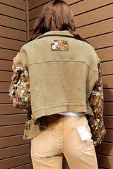 Khaki Waffle Knit Floral Print Patchwork Button up Jacket Jackets JT's Designer Fashion