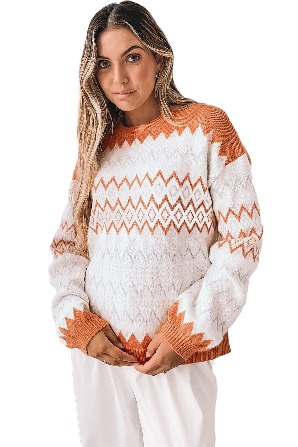 Khaki Zigzag Geometric Pattern Knitted Pullover Sweater Sweaters JT's Designer Fashion