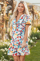 Green Floral Print Zipper Ruffled Short Sleeve High Waist Mini Dress Floral Dresses JT's Designer Fashion