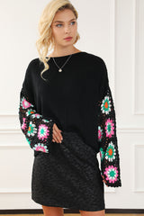 Black Floral Crochet Bell Sleeve Loose Sweater Sweaters JT's Designer Fashion